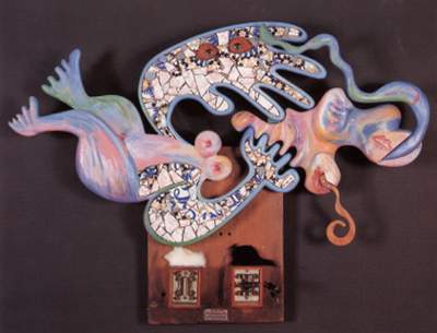 Femme aux yeux noirs - 1988 - Bois, cramique, fourrure